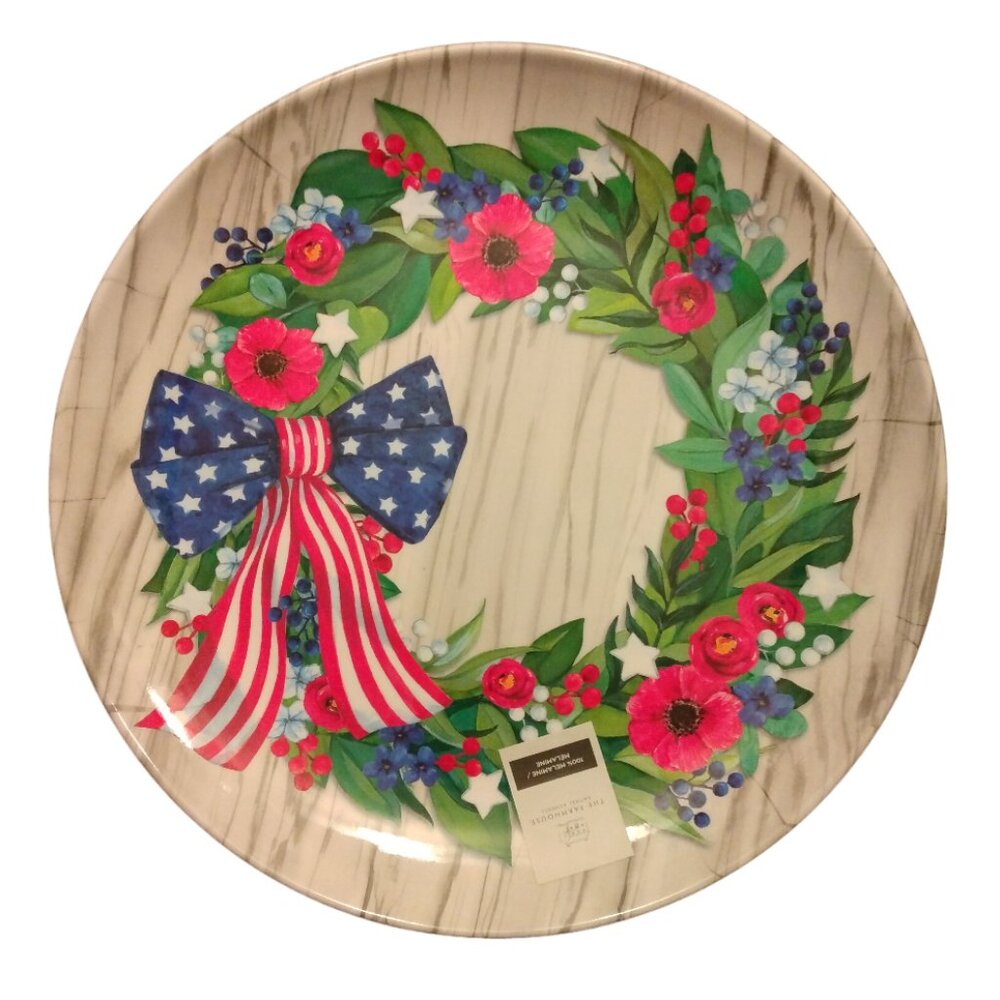 15" American Flag Wreath Round Serving Platter Tray July 4th